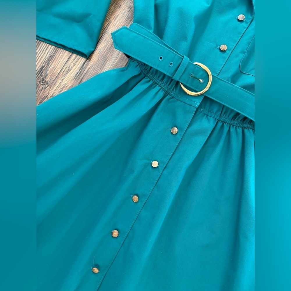 Vtg The American Shirt Dress Womens 8 Midi Belted Teal w/Gold Embroidery Buttons - Picture 14 of 14